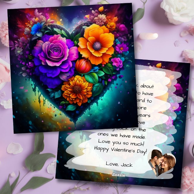 Flower Filled Heart Valentine's Day Photo Holiday Card (Creator Uploaded)