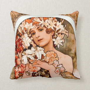 Flower, Fine Art Alphonse Mucha Cushion