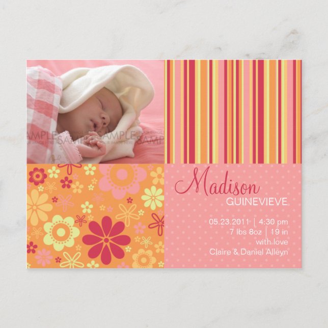 Flower Fizz Pink & Orange • Baby Announcement (Front)