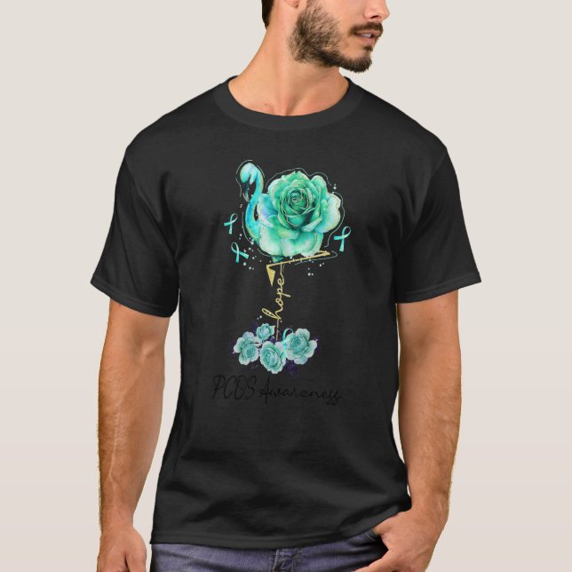 Flower Flamingo Hope Teal Ribbon Pcos Awareness T-Shirt (Front)