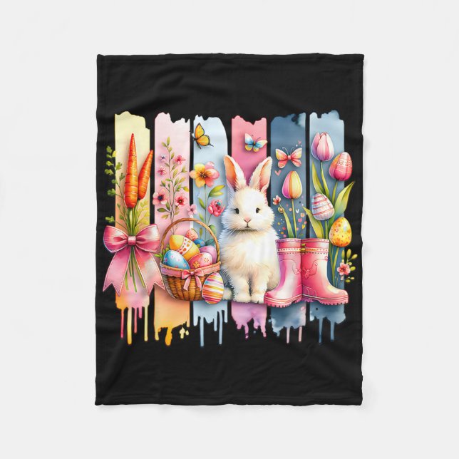 Flower Floral Happy Easter Bunny Rabbit Easter Bun Fleece Blanket (Front)