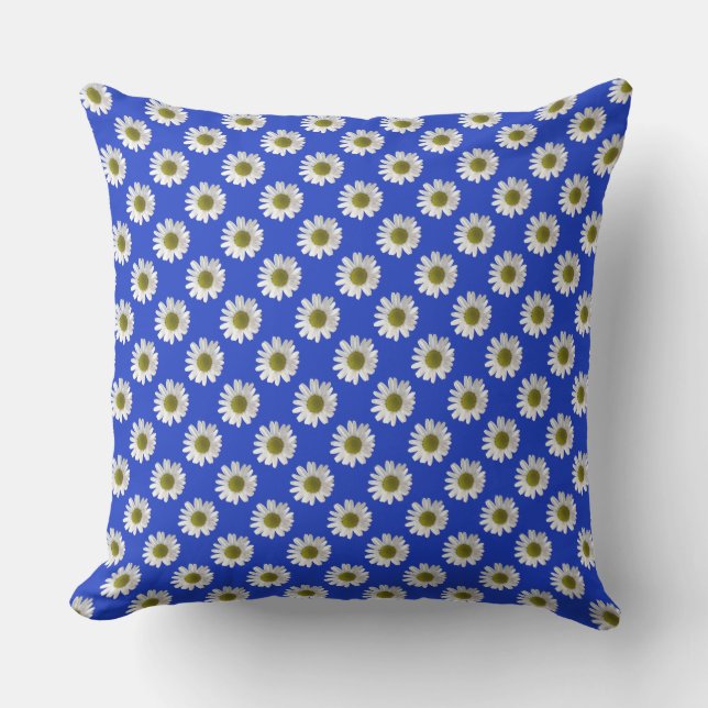 Flower floral print daisies on cobalt blue cushion (Front)