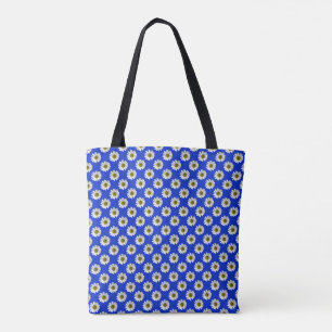 Flower floral print daisies on cobalt blue tote bag