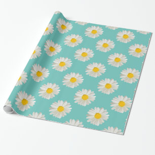 Flower floral print daisies on cobalt blue wrapping paper