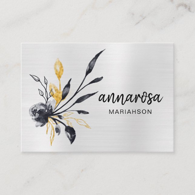 *~* Flower Floral Silver LOGO QR PHOTO Gold Business Card (Front)