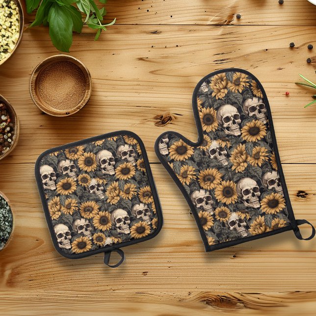 Flower Floral Sunflower Skull Goth  Oven Mitt & Pot Holder Set (Creator Uploaded)