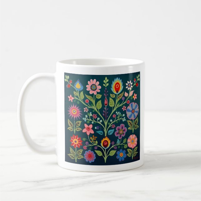 Flower Folk Art Motif Coffee Mug (Left)