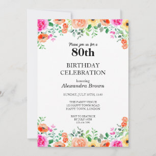 Flower Frame 80th Birthday Photo Party Invitation