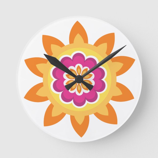 Flower Fusion_Geometric Sunburst_Poppy Fuchsia Sun Round Clock (Front)