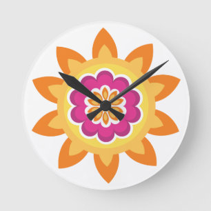 Flower Fusion_Geometric Sunburst_Poppy Fuchsia Sun Round Clock