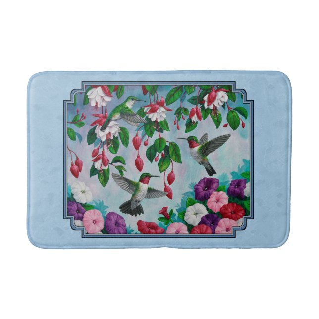 Flower Garden and Hummingbirds Blue Bath Mat (Front)