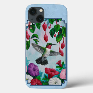Flower Garden and Hummingbirds Blue iPhone 13 Case