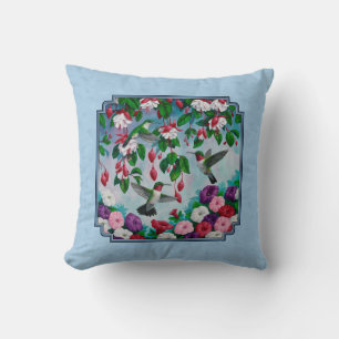 Flower Garden and Hummingbirds Blue Cushion