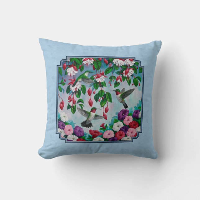 Flower Garden and Hummingbirds Blue Cushion (Front)