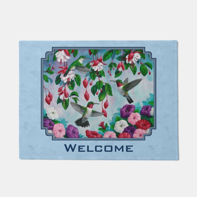 Flower Garden and Hummingbirds Blue Doormat (Front)