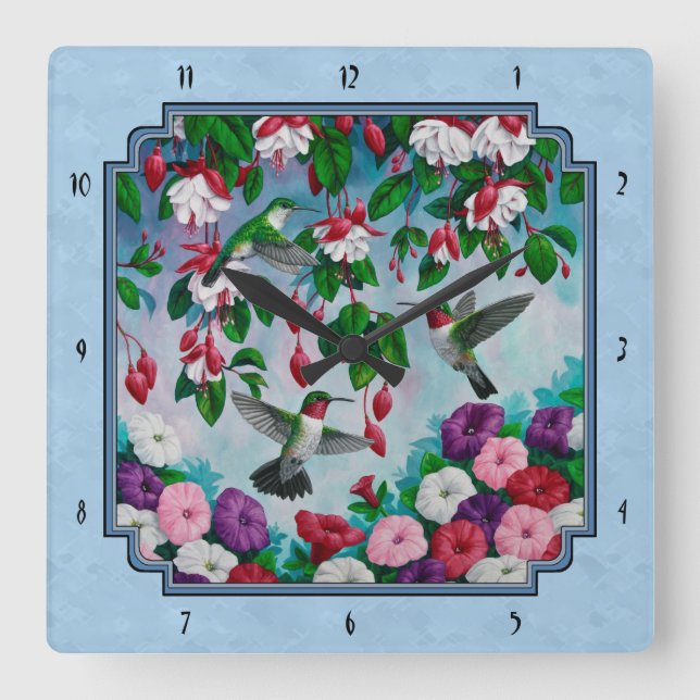 Flower Garden and Hummingbirds Blue Square Wall Clock (Front)