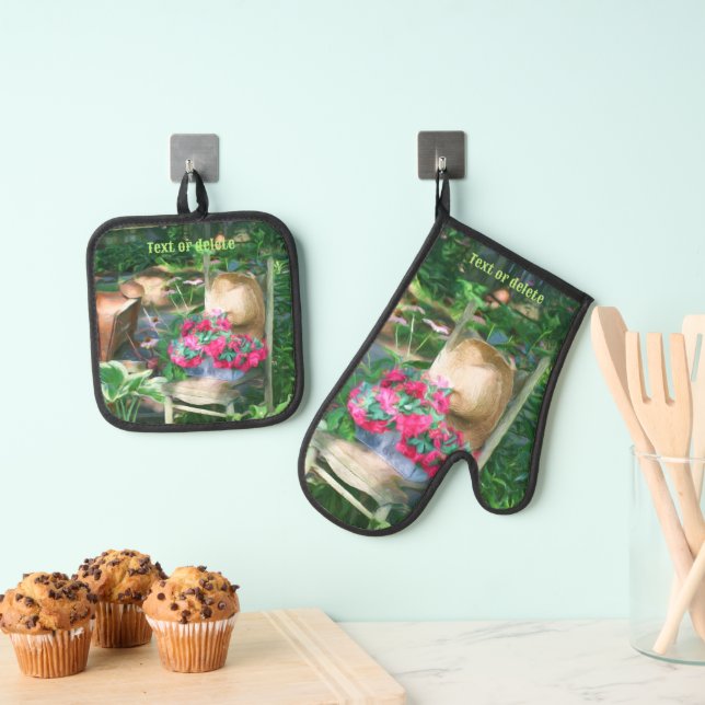 Flower Garden Antique Chair Personalised Oven Mitt & Pot Holder Set (Insitu(Hanging))