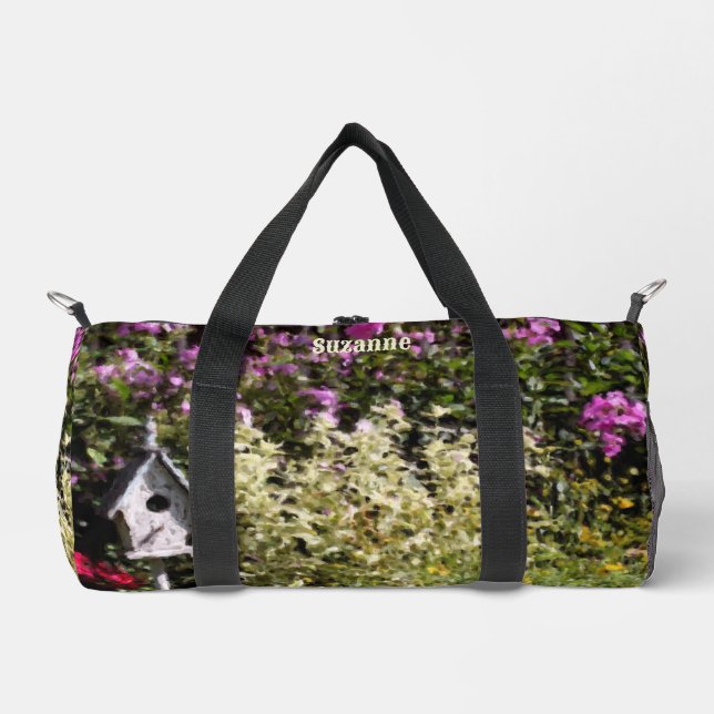 Flower Garden Birdhouse Art Personalised Duffle Bag (Front)