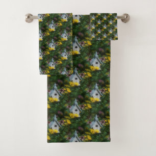 Flower Garden Birdhouse Nature Art Pattern     Bath Towel Set