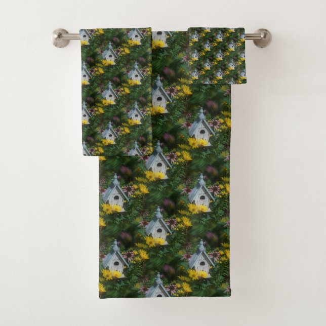 Flower Garden Birdhouse Nature Art Pattern     Bath Towel Set (Insitu)