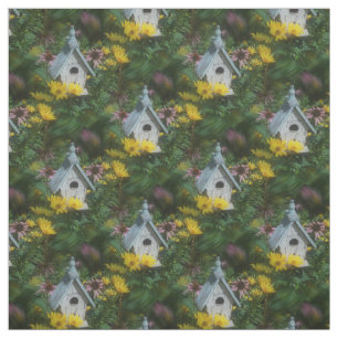 Flower Garden Birdhouse Nature Art Pattern Fabric