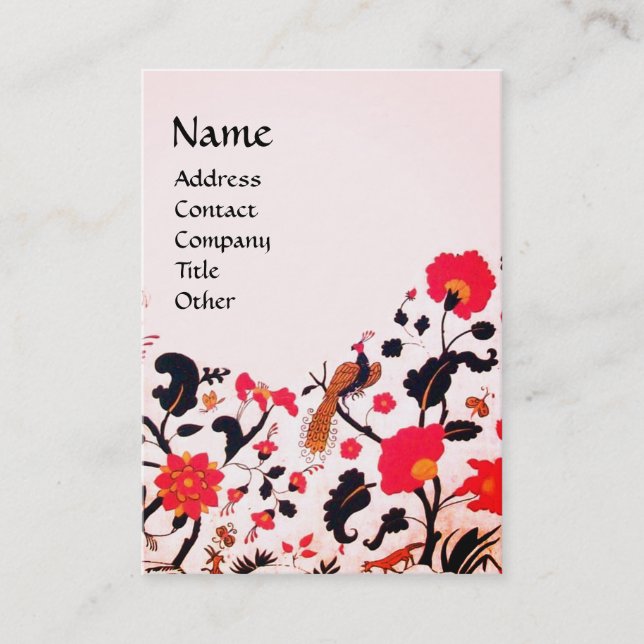 FLOWER GARDEN,BIRDS,PEACOCKS Red Black Pink Floral Business Card (Front)