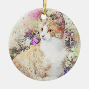 Flower Garden Kitty   Abstract   Watercolor Ceramic Tree Decoration