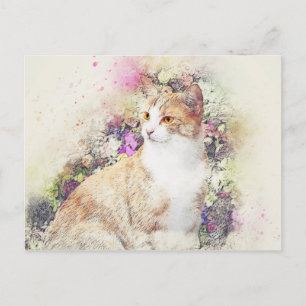 Flower Garden Kitty Abstract Watercolor Postcard