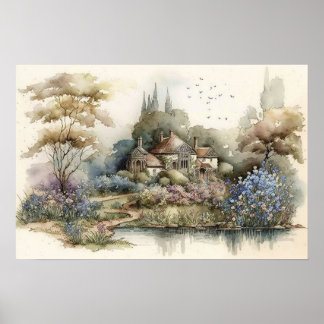 Flower Garden of Mum Vintage Watercolor Poster