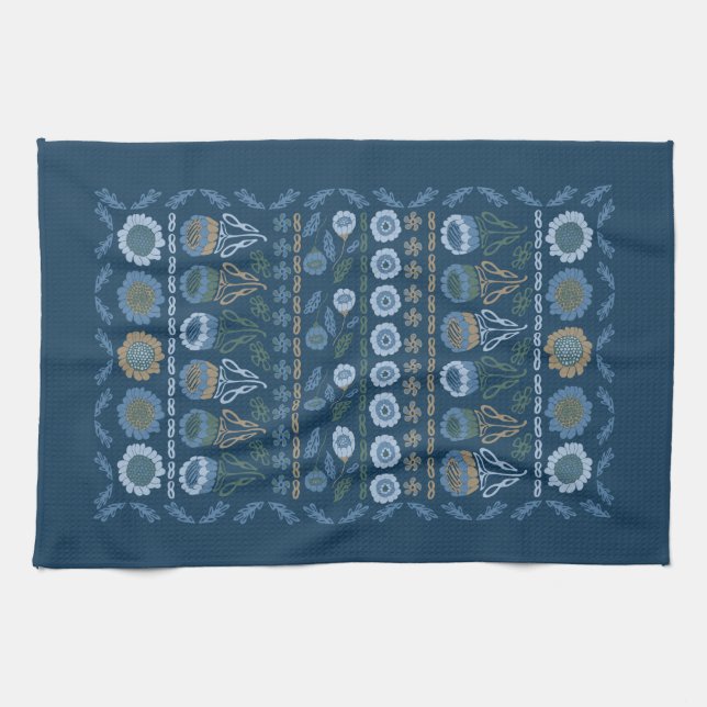 Flower garden Tea Towel, dark & light blues, brown Tea Towel (Horizontal)
