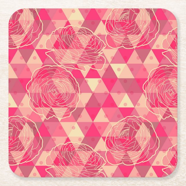 Flower geometrical pattern square paper coaster (Front)