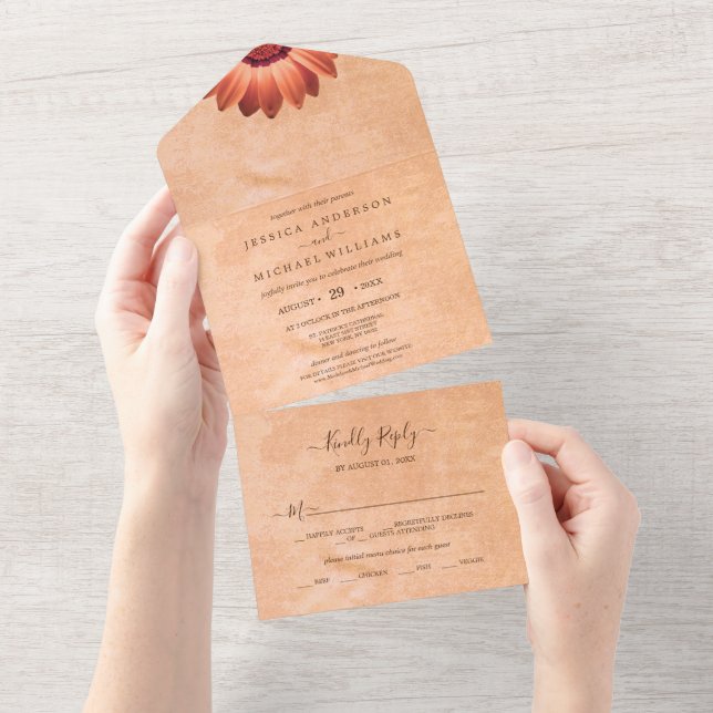 Flower Gerbera on Abstract peach Wedding All In One Invitation (Tearaway)