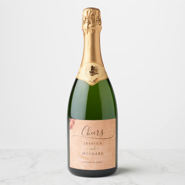 Flower Gerbera on Abstract peach Wedding Sparkling Wine Label (Front)