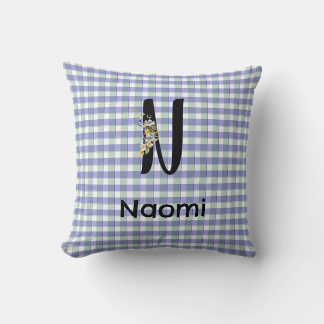 Flower gingham blue green Monogram pattern Cushion (Front)