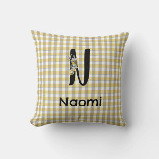Flower gingham yellow grey pattern Monogram Cushion