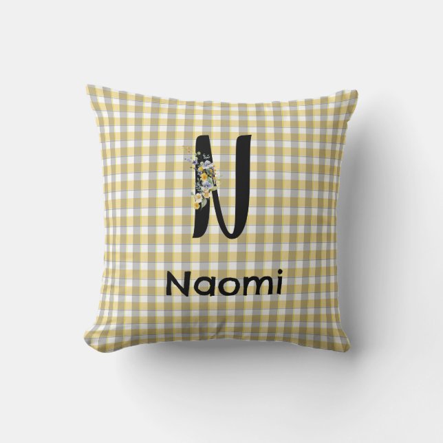 Flower gingham yellow grey pattern Monogram Cushion (Front)