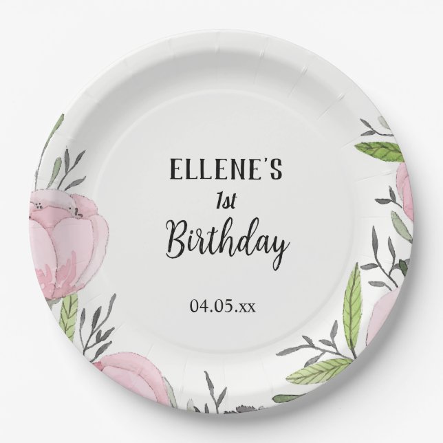 Flower Girl 1st Birthday Party Paper Plates (Front)