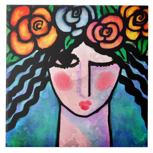 Flower Girl Abstract Digital Painting Ceramic Tile (Front)