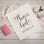 Flower Girl Black Script Personalised Wedding Tote Bag<br><div class="desc">Wedding flower girl tote bag features modern black swirling calligraphy script writing with elegant custom first name text that you can personalise. See our coordinating bridal party designs!</div>