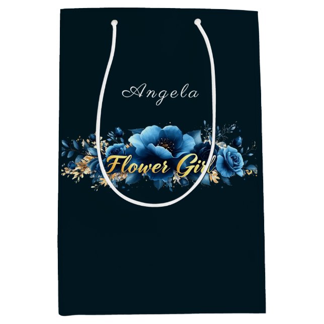 Flower Girl Blue Flowers Gold   Medium Gift Bag (Front)