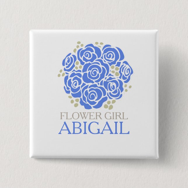Flower girl blue posy named wedding pin button (Front)