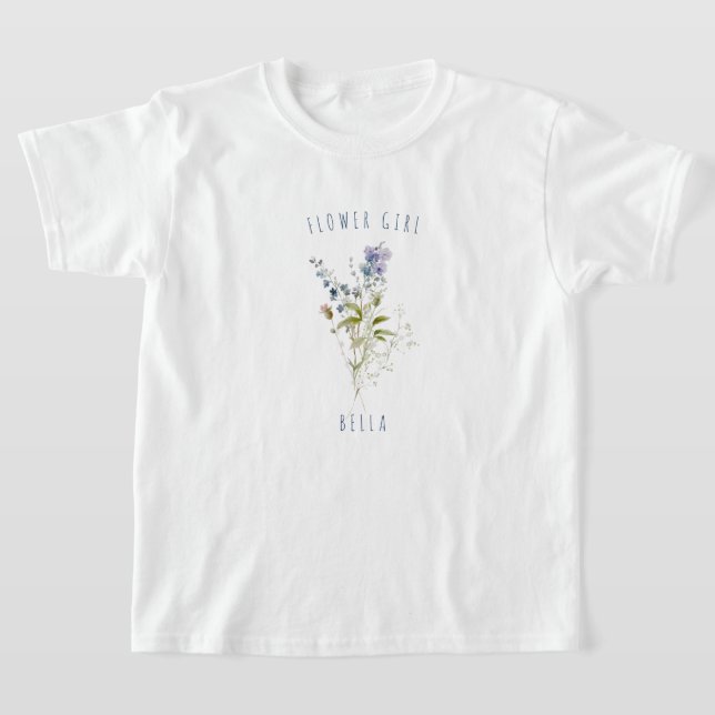 Flower Girl Blue Watercolor Wildflower Wedding T-Shirt (Laydown)