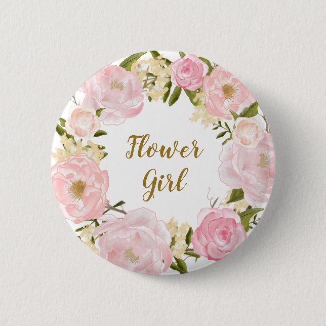 Flower Girl Blush Pink Floral Round Badge (Front)