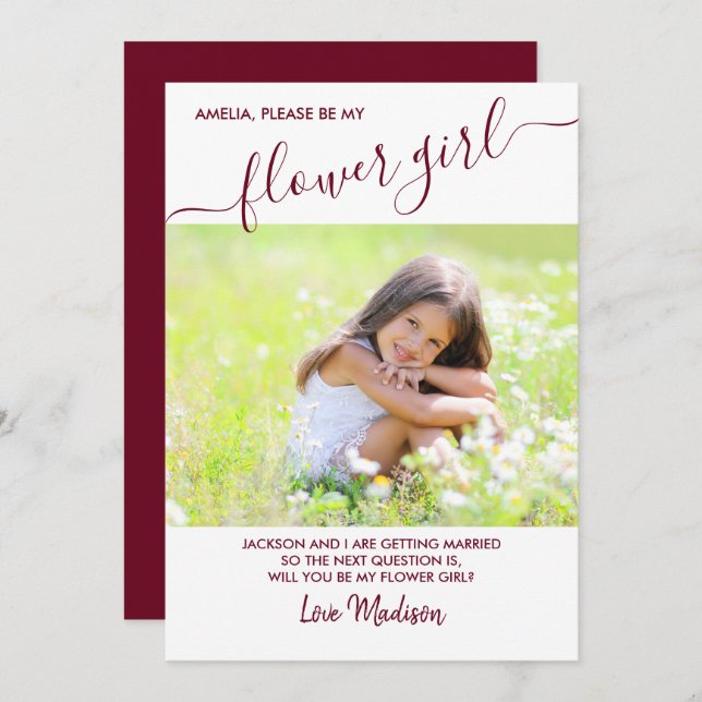 Flower Girl Burgundy and White Photo Proposal Card (Front/Back)