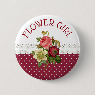 FLOWER GIRL Burgundy Roses Wedding Button