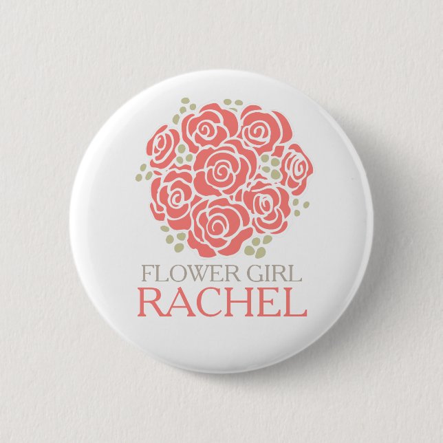 Flower girl coral posy named wedding pin button (Front)