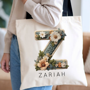 Flower Girl Custom Floral Monogram Maid of Honou Tote Bag