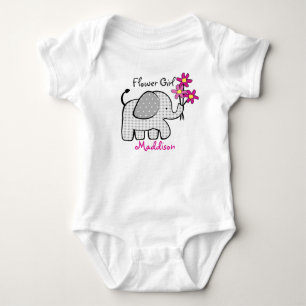 Flower Girl Elephant with Pink Flowers Baby Bodysuit