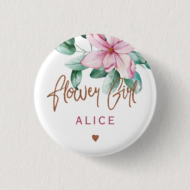 Flower girl floral pink copper bridal shower 3 cm round badge (Front)