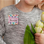 FLOWER GIRL Fun Daisies Pop Cute Wedding Name Tag 15 Cm Square Badge<br><div class="desc">The Adorable 'FLOWER GIRL' Whimsical, Fun, Sweet, Bright And Colourful Daisies Pop Flowers Garden Wedding Party / Wedding Rehearsal / Bridal Party / Bachelorette Party Name Tag / Pin Button. The two small and cute pink daisy flowers can be moved around or removed if you wish. The base background and...</div>